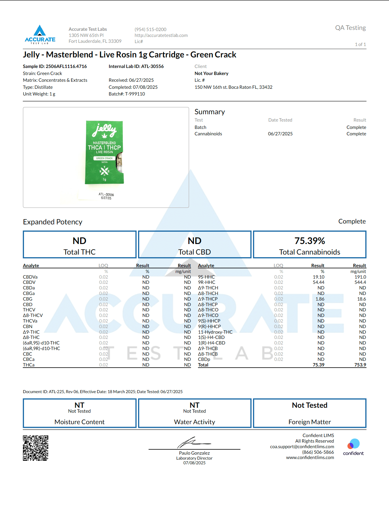 Not Your Bakery Green Crack (Sativa) - Jelly Masterblend 1G Cart
