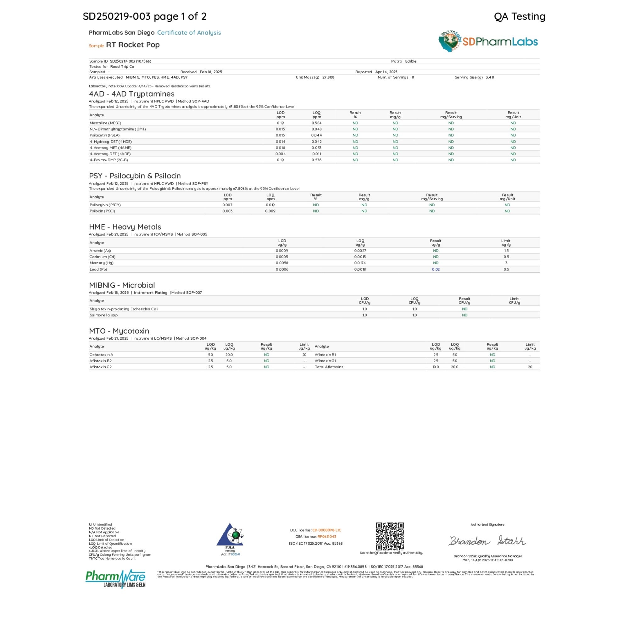 Certificate of Analysis for Road Trip Desert Stardust Mushroom Gummies Rocket Pop showing lab-tested purity and safety results